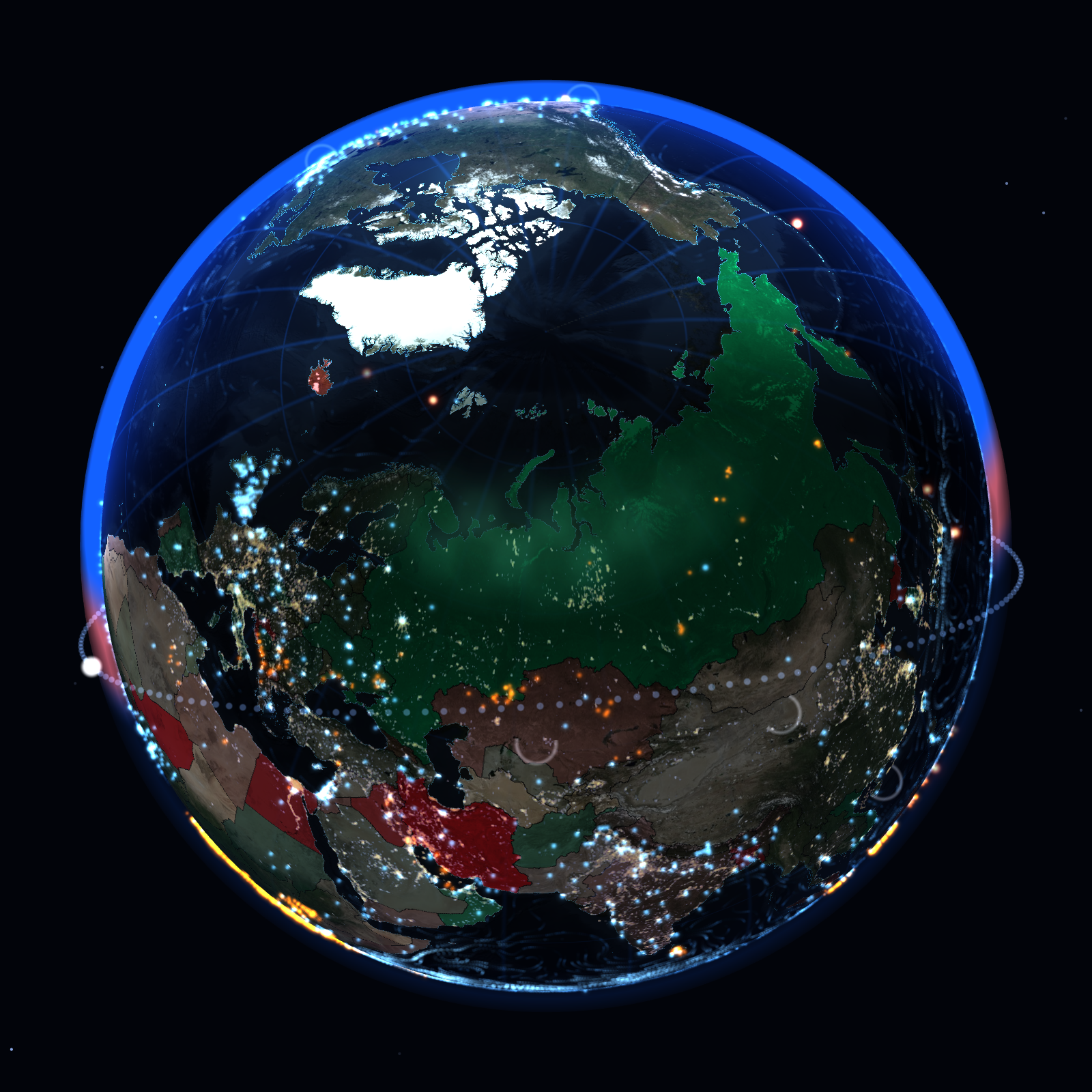 Terella’s globe showing aurora above the Arctic and city lights across Asia